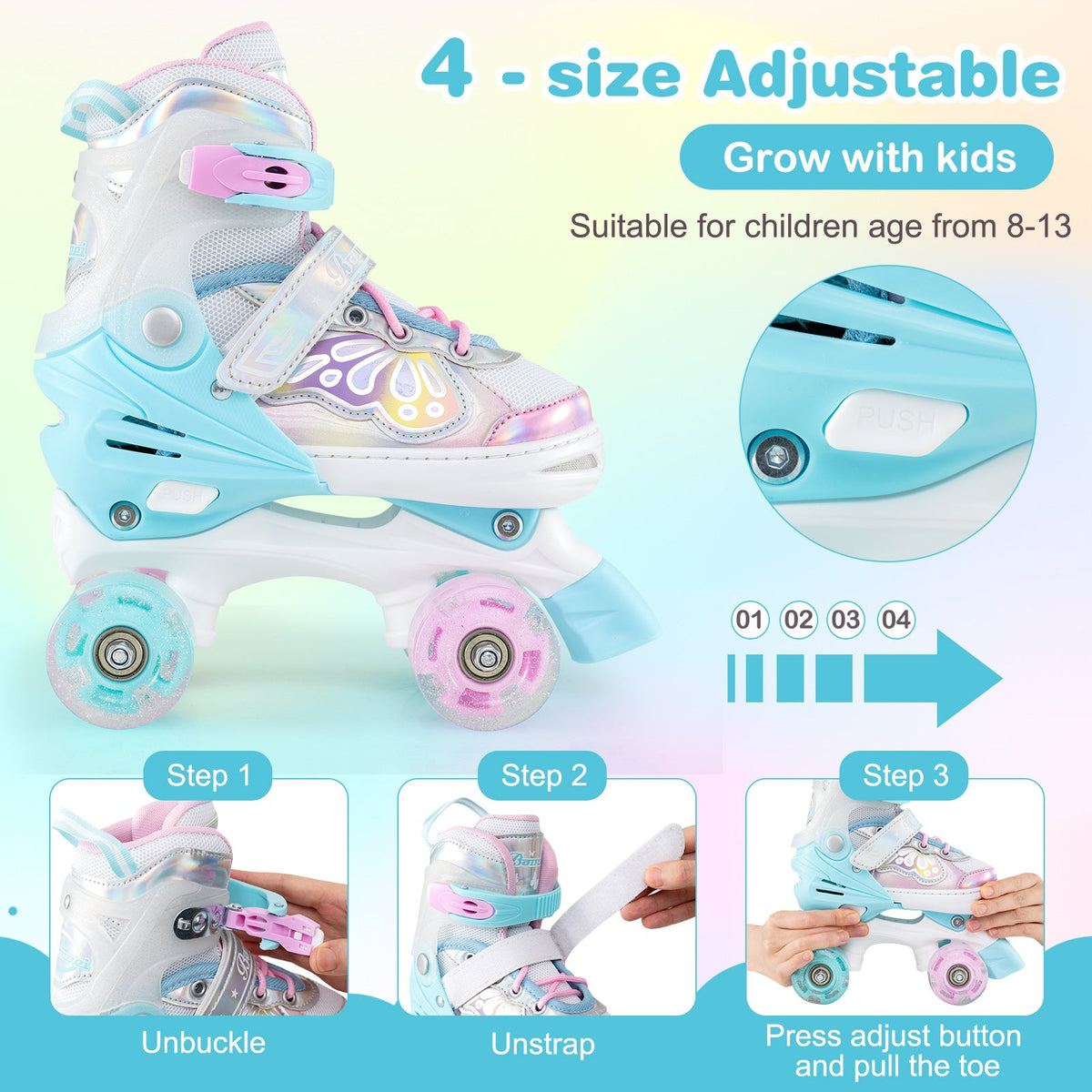 Adjustable quad roller skates with light-up wheels, white and light blue boot