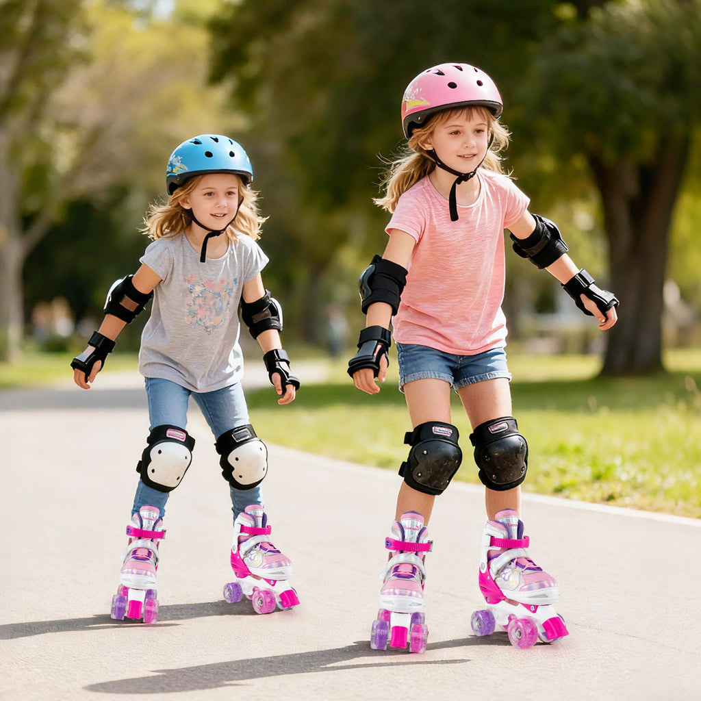 Kids quad roller skates set: pink and blue pairs with light-up wheels