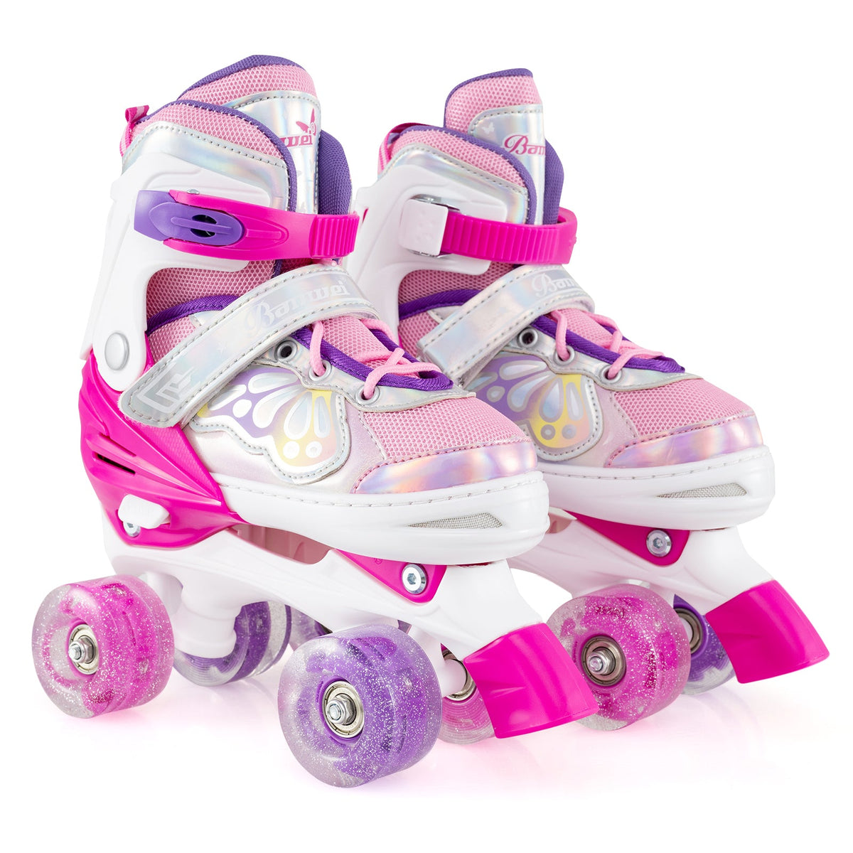 Kids quad roller skates with light-up wheels, white and pink, purple glitter wheels