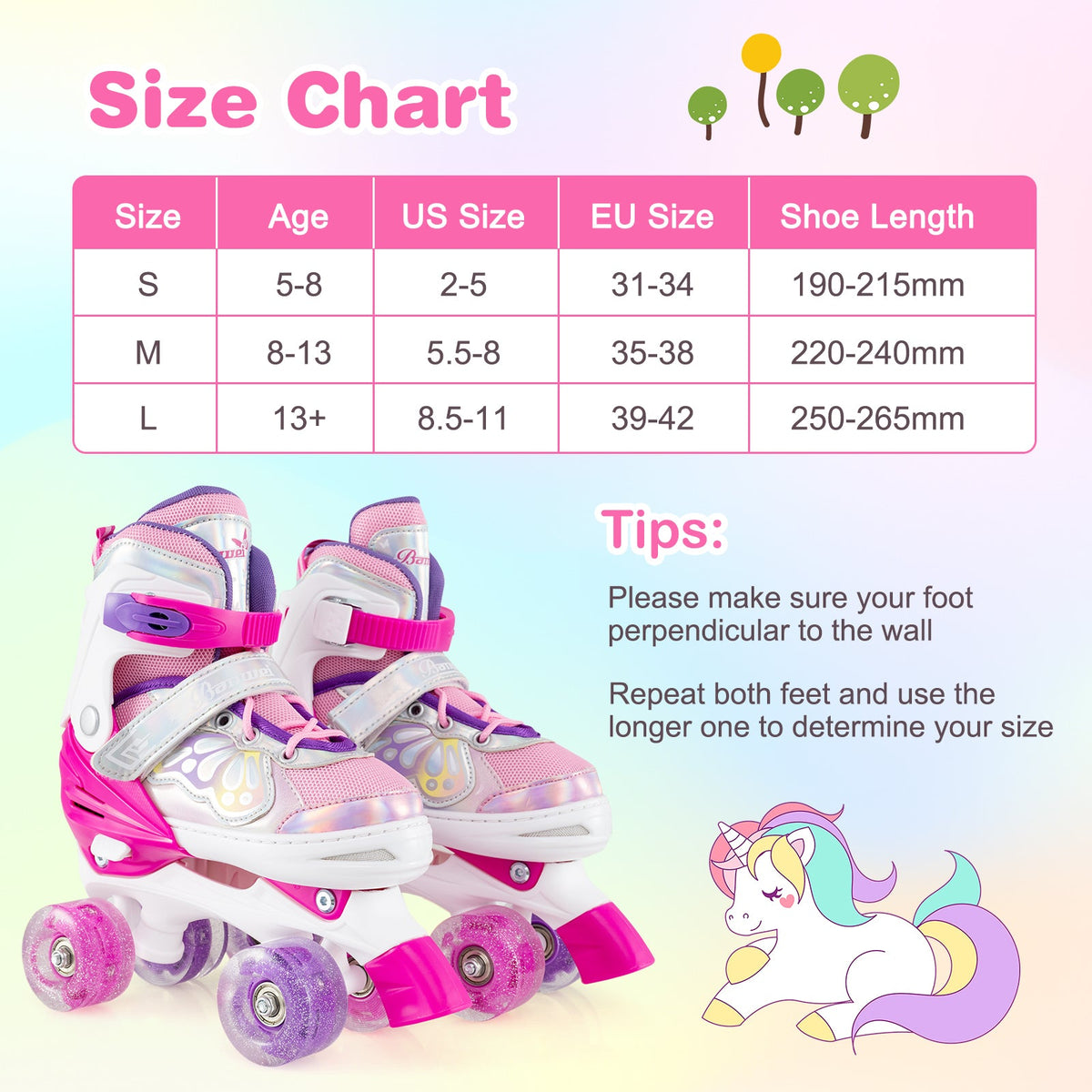 Kids quad roller skates with light-up wheels, white and pink, adjustable strap system