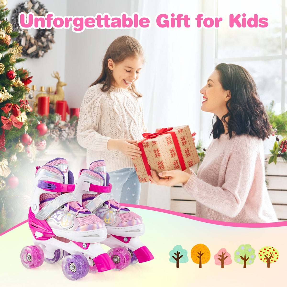 Kids quad roller skates, pink and purple, glitter light-up wheels, adjustable straps