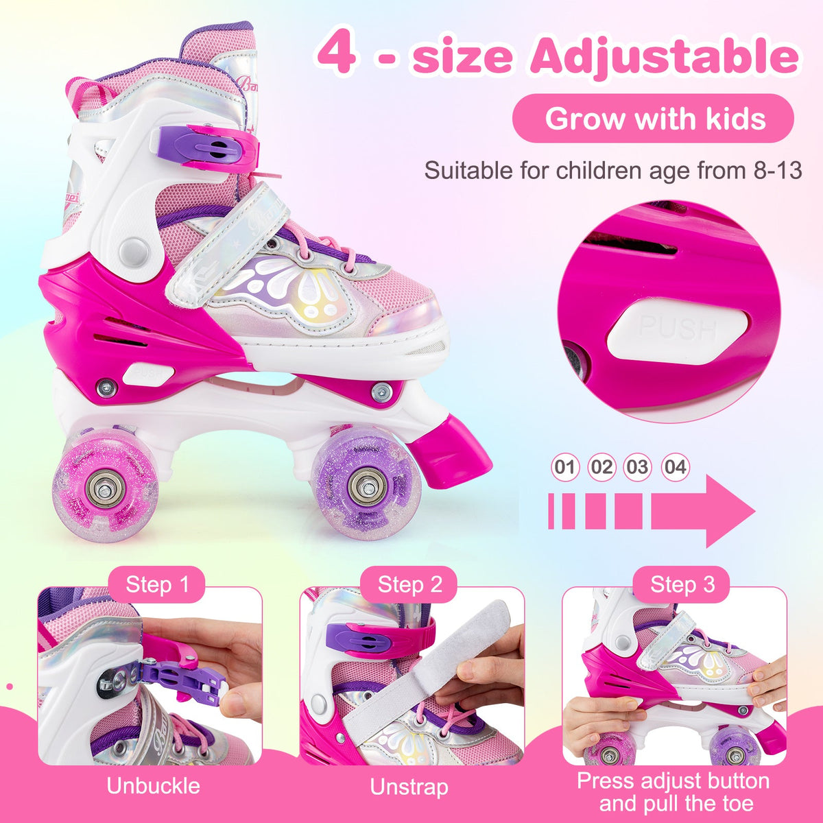 Kids adjustable quad roller skates with light-up wheels, white and pink boot