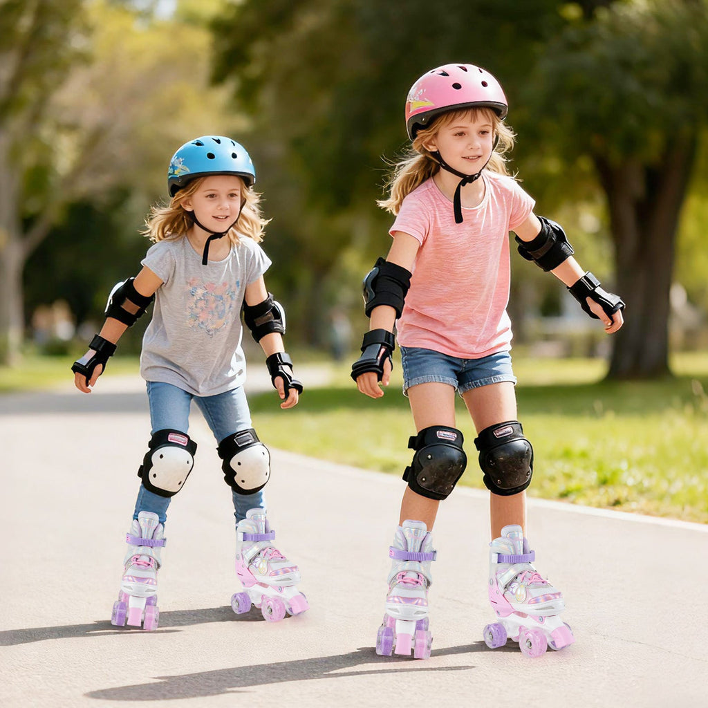 Kids quad roller skates set: light blue and pink pairs with light-up wheels