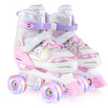 Adjustable kids quad roller skates in white and pink with light-up wheels