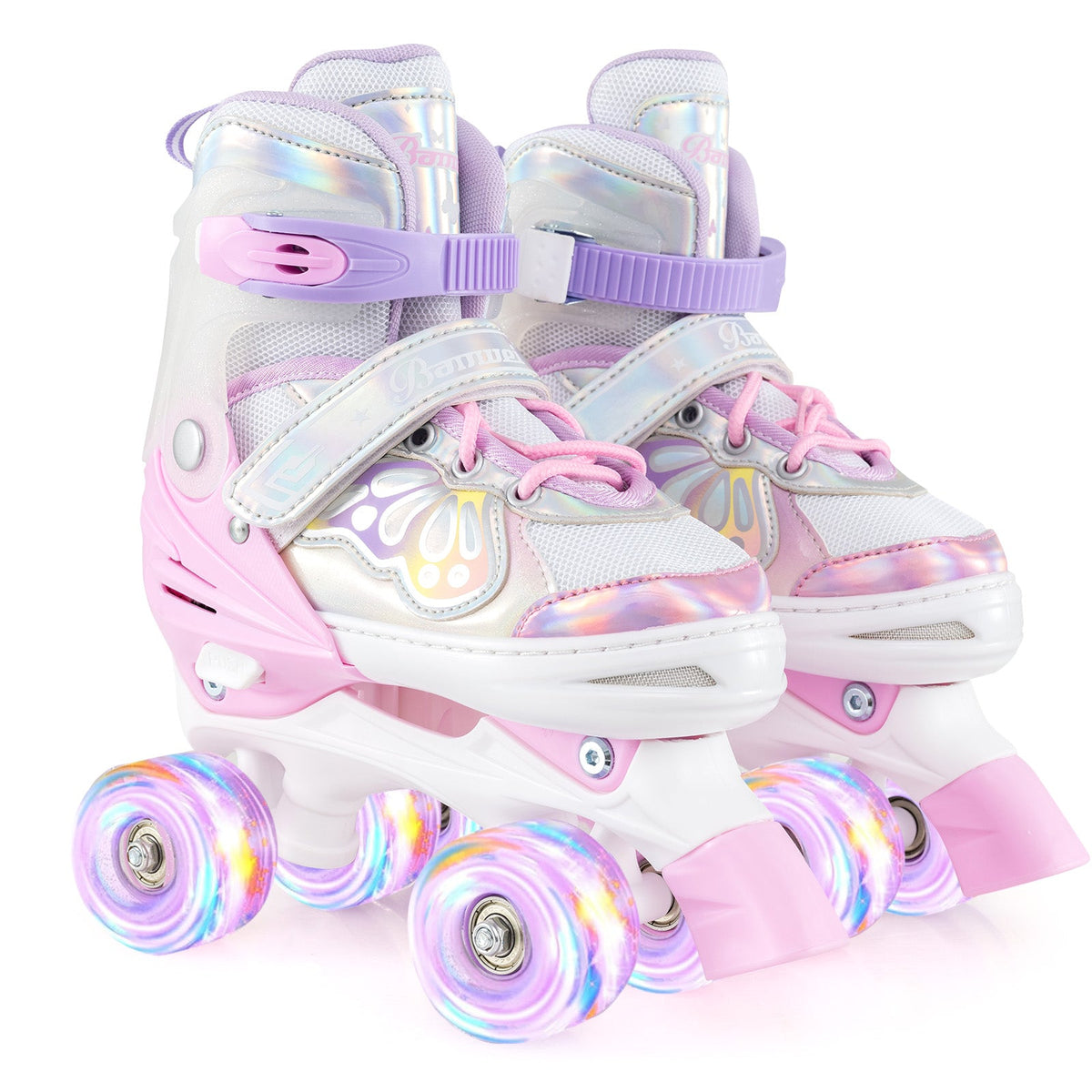 Adjustable kids quad roller skates in white and pink with light-up wheels