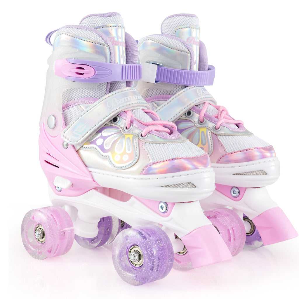 Adjustable kids quad roller skates in white and pink with light-up translucent wheels