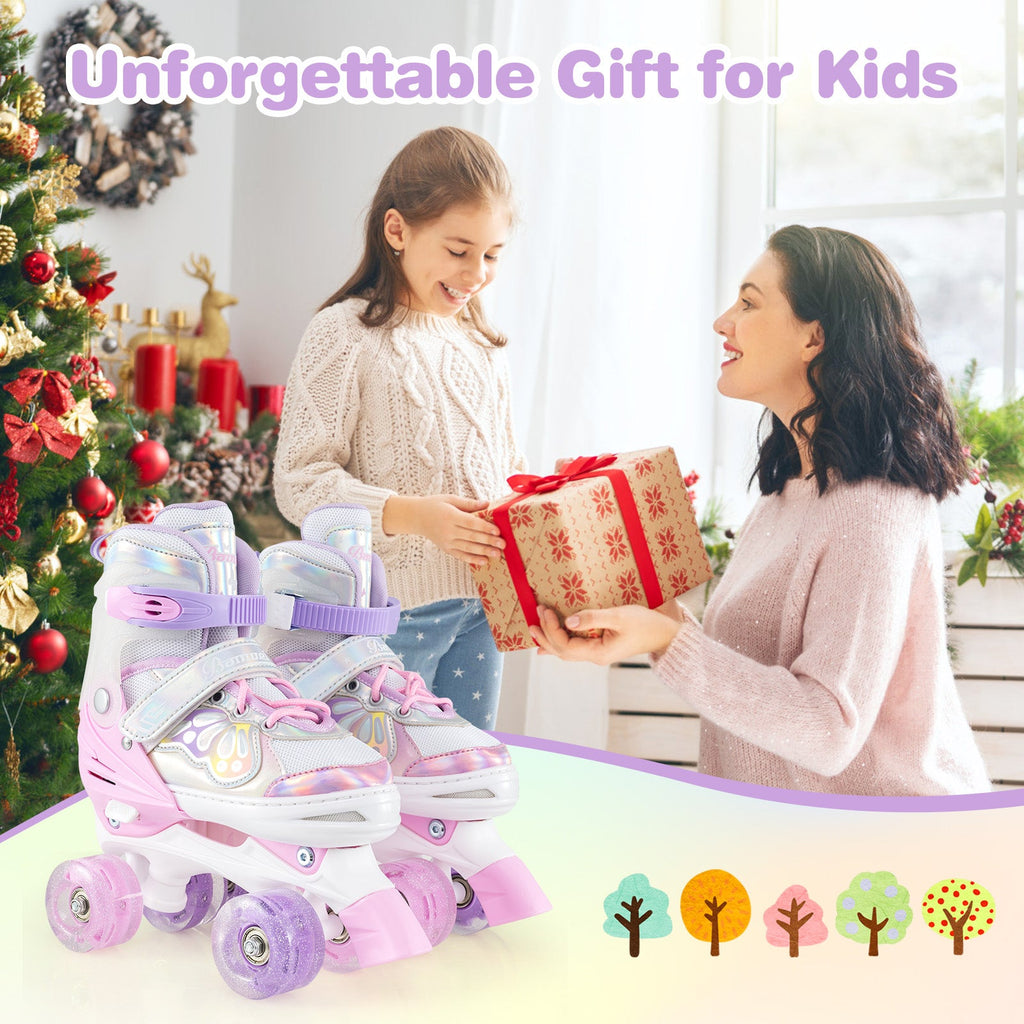 Kids quad roller skates, pink and purple, light-up glitter wheels, adjustable straps