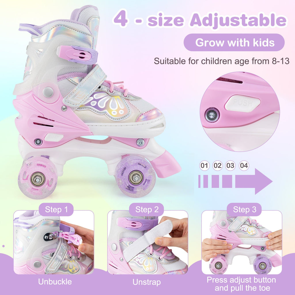 Adjustable quad roller skates with light-up wheels, white and pink boot with purple wheels