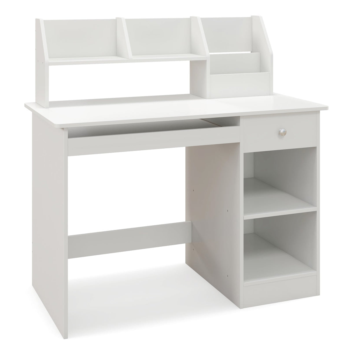 Kids white desk with attached hutch shelves and side storage compartments