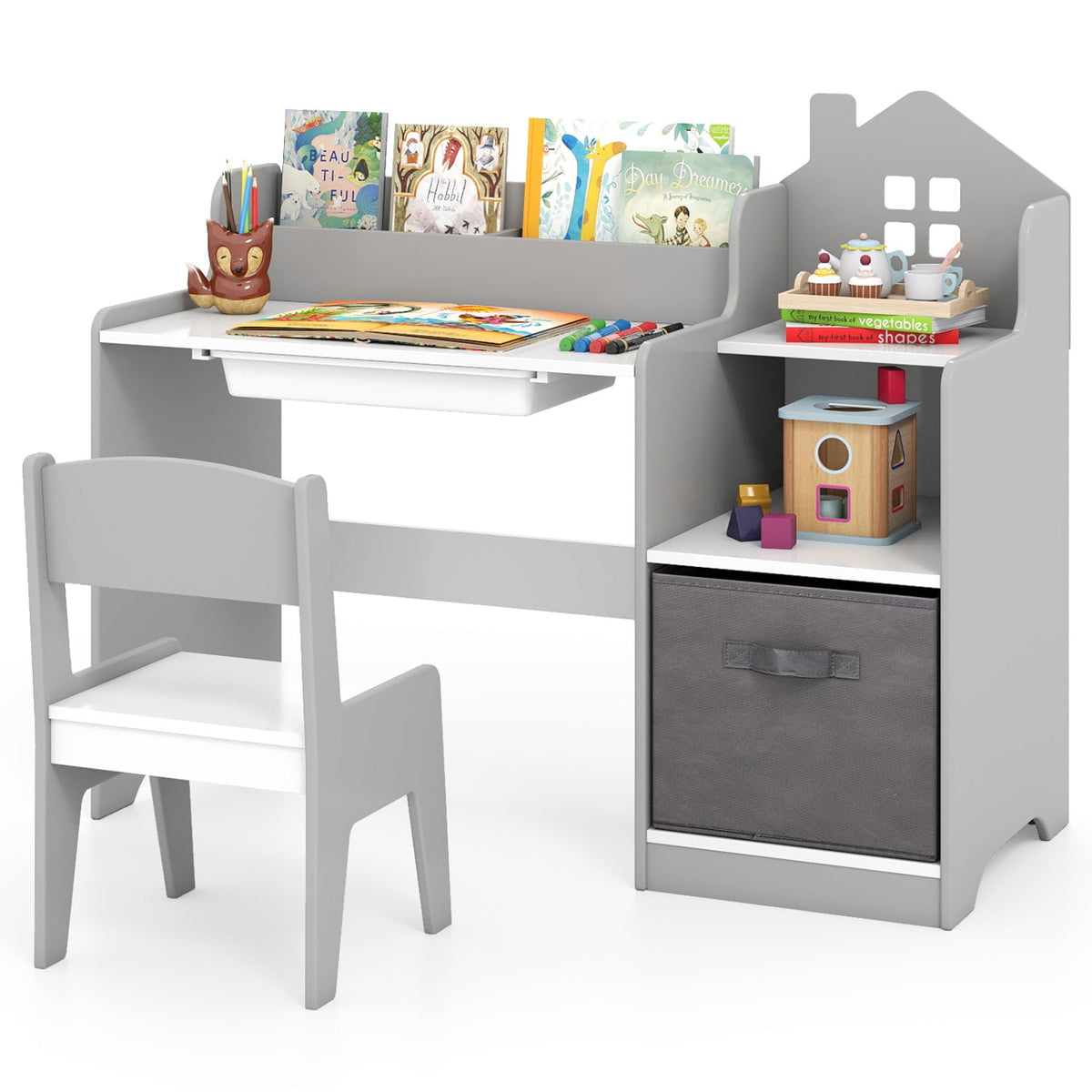 Kids study desk and chair set with open shelves and fabric bin drawer, white and gray