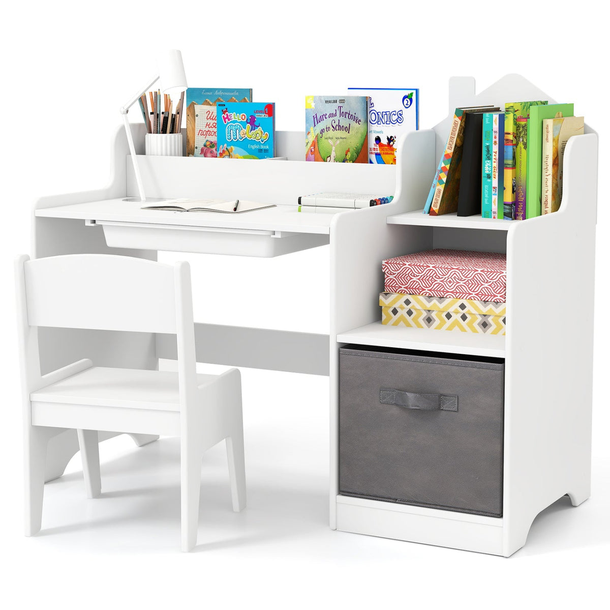 Kids study desk and chair set with open shelves and fabric bin drawer, white with gray bin