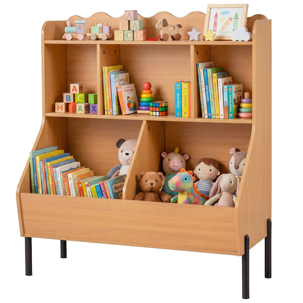 Natural wood kids toy storage organizer with 5 cubbies, open top shelf, front bin