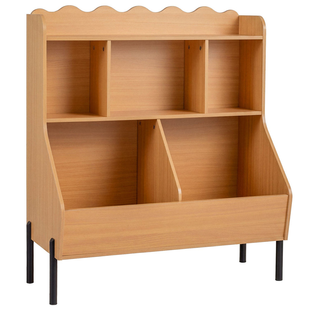 Natural wood toy storage organizer with 5 open cubbies and front bin, book shelf top