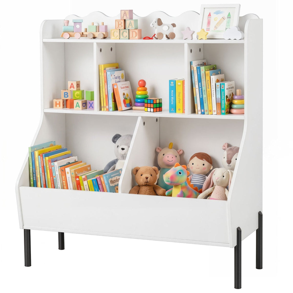 White kids toy storage organizer with 5 cubbies, open book shelf top, front bin