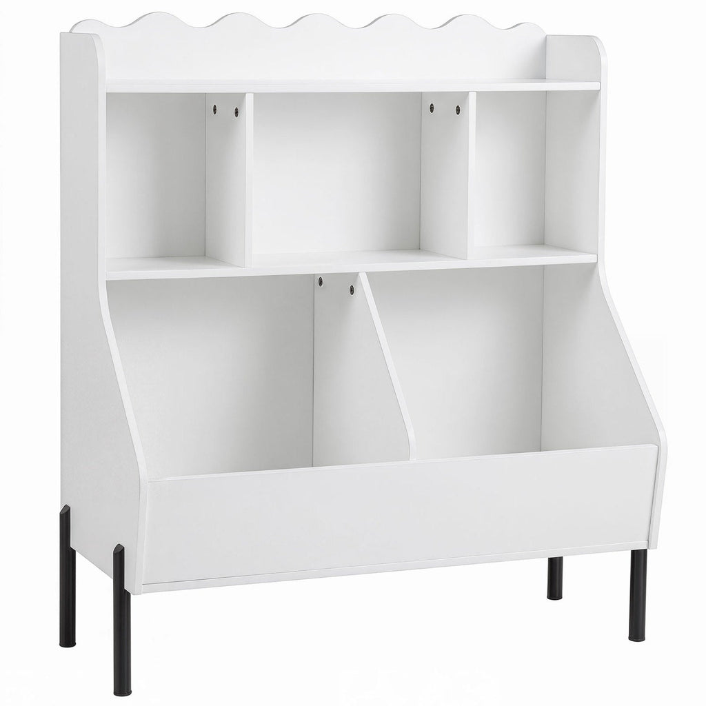 White toy storage organizer with 5 empty cubbies and front bin, open bookshelf