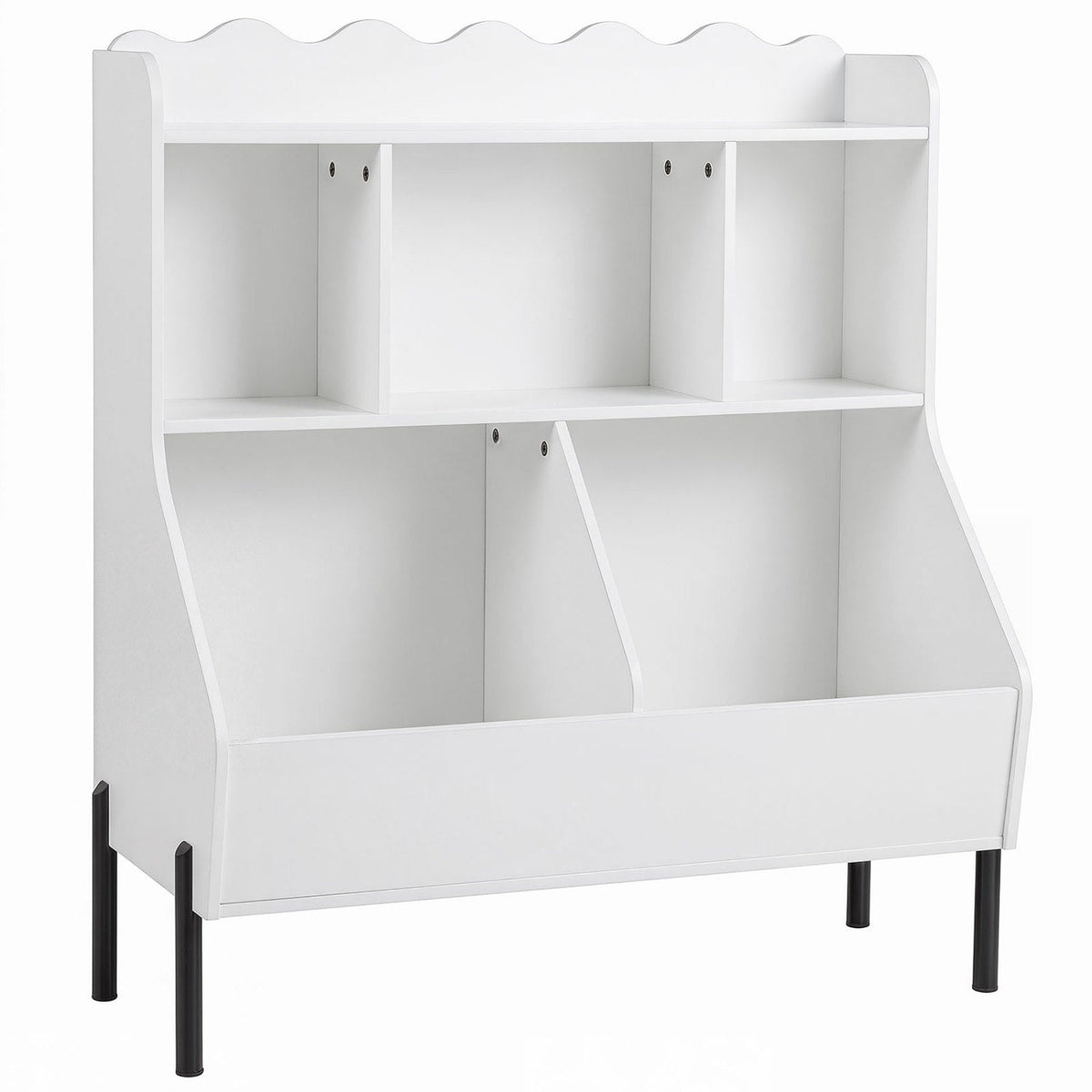 White toy storage organizer with 5 empty cubbies and front bin, open bookshelf