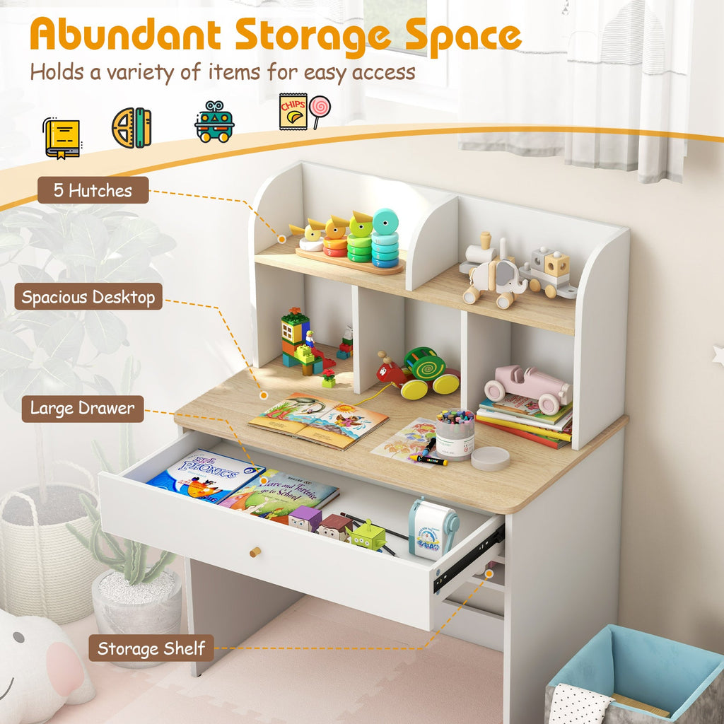 Kids wooden study desk with hutch and large drawer, open cubbies and storage shelf