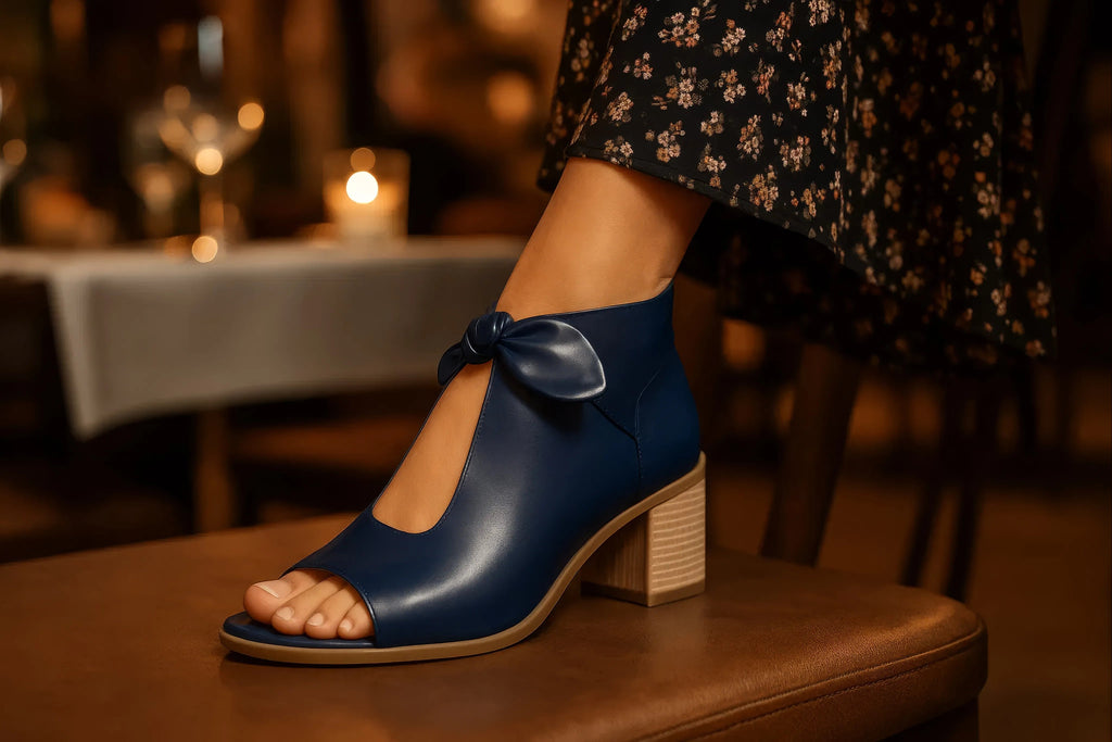 Blue peep-toe heeled sandals with bow ankle tie and block heel