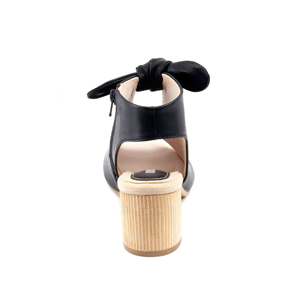 Black peep-toe heeled sandals with bow ankle tie and textured block heel