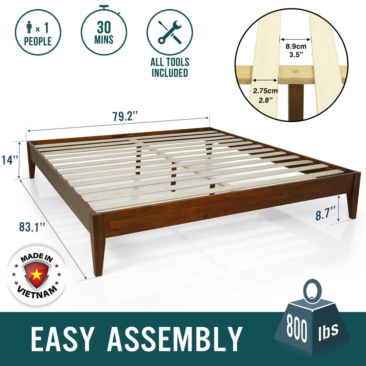 Brown wooden bed frame with slatted support base and four angled legs