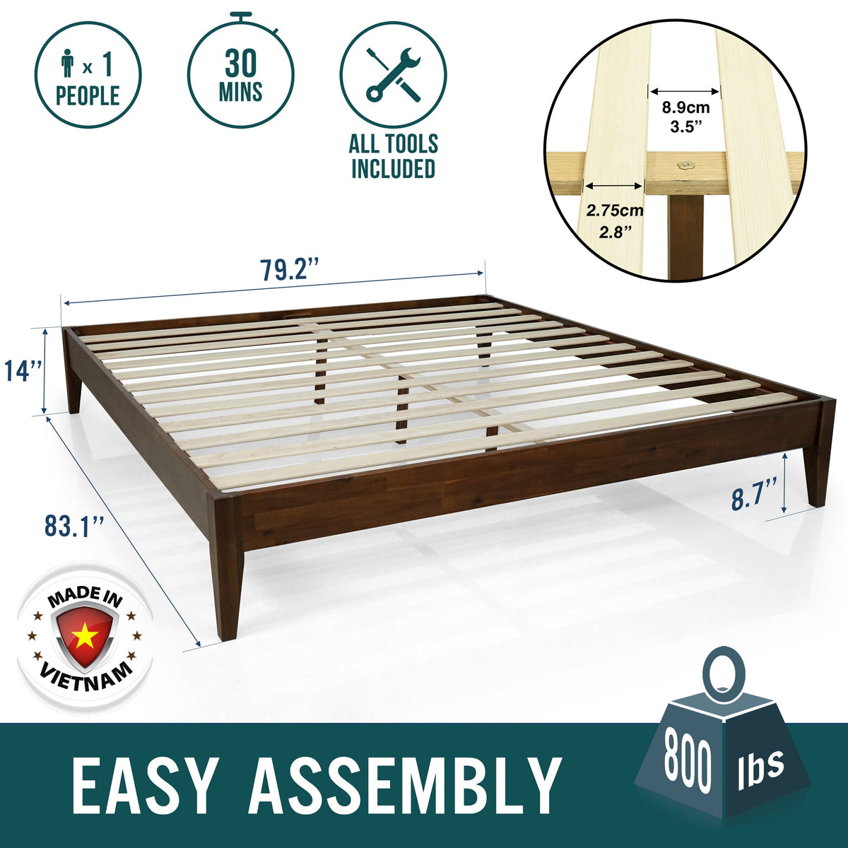 Brown solid wood bed frame with slat support and corner legs