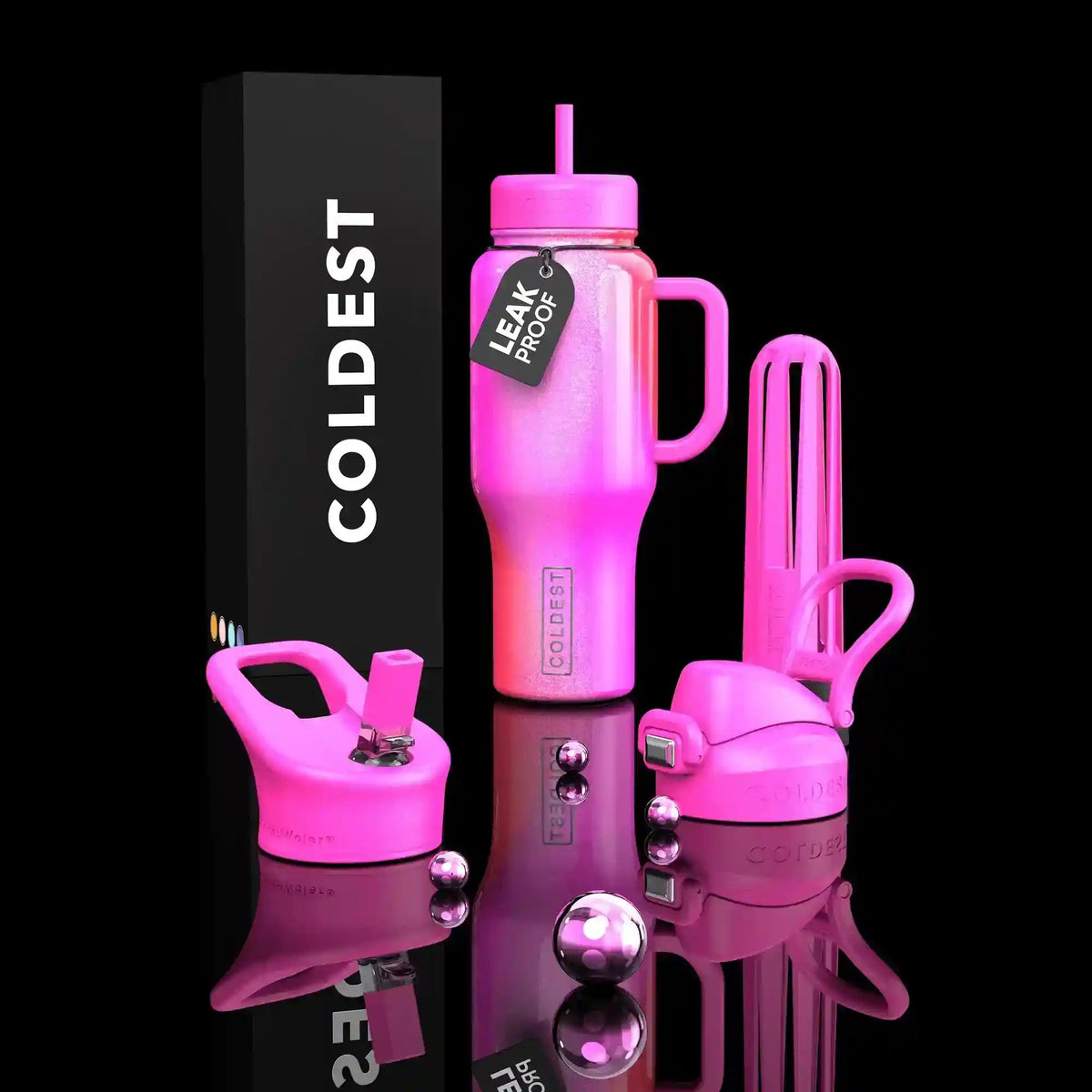 36oz insulated water bottle with pink gradient, straw lid, and side carrying handle