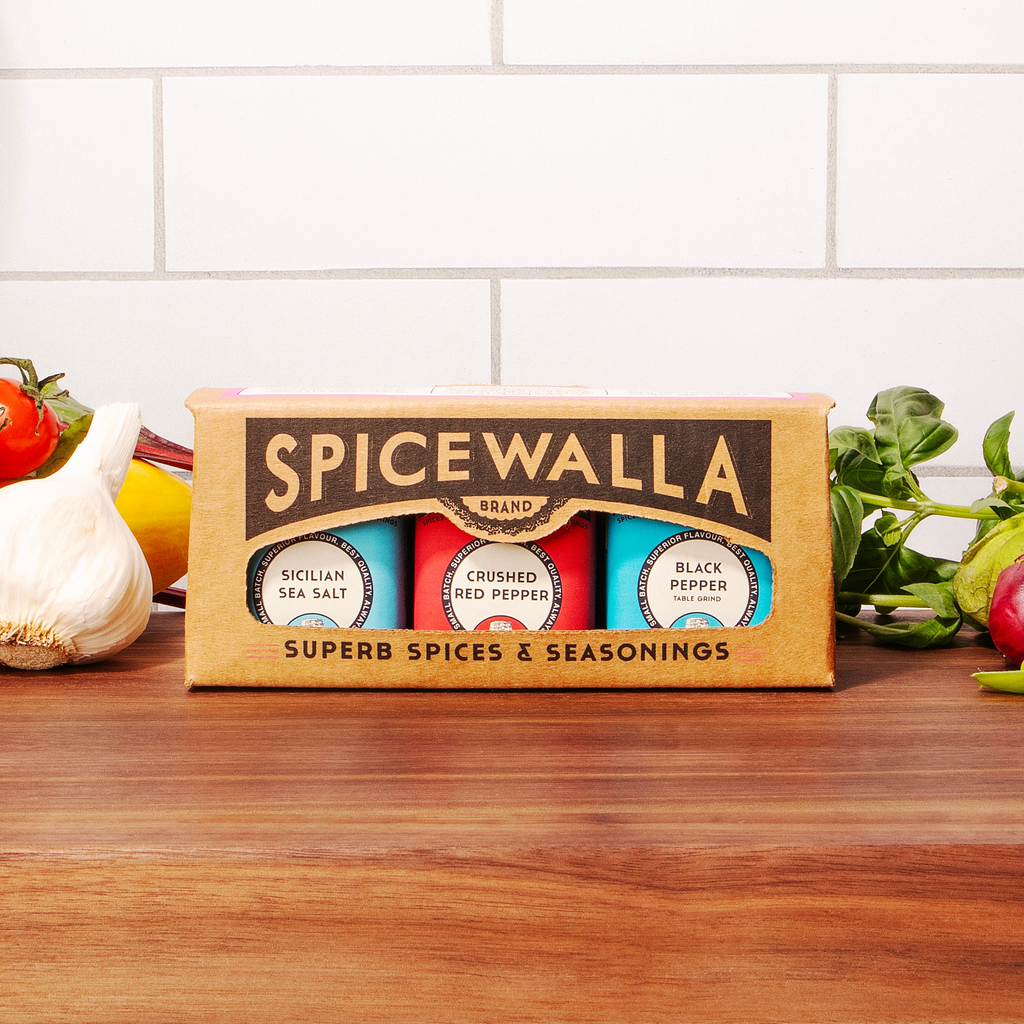 Spice tins gift set box with three seasonings: sea salt, crushed red pepper, black pepper