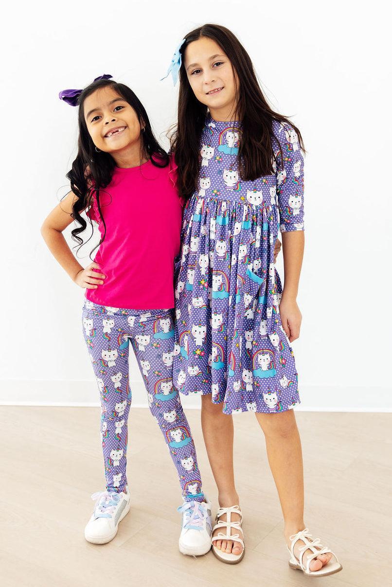 Girls purple 3/4 sleeve pocket twirl dress with cute cat faces and stars
