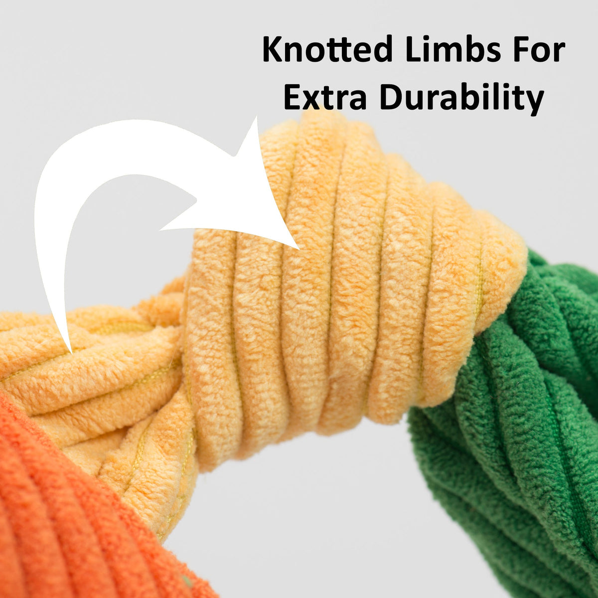 Orange and green knotted-limb octopus plush dog toy, rounded body
