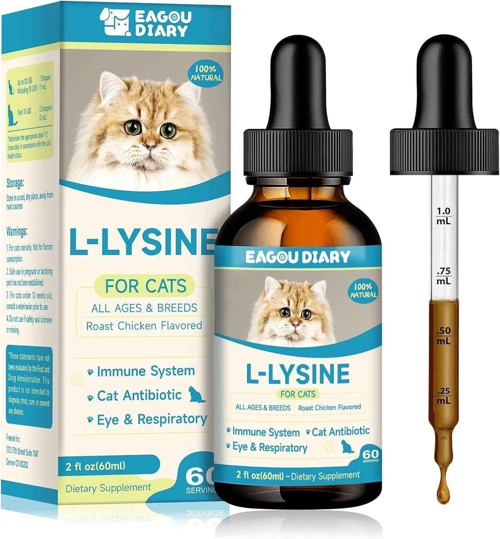 L-lysine liquid drops for cats with chicken flavor, dropper bottle, and dosing pipette