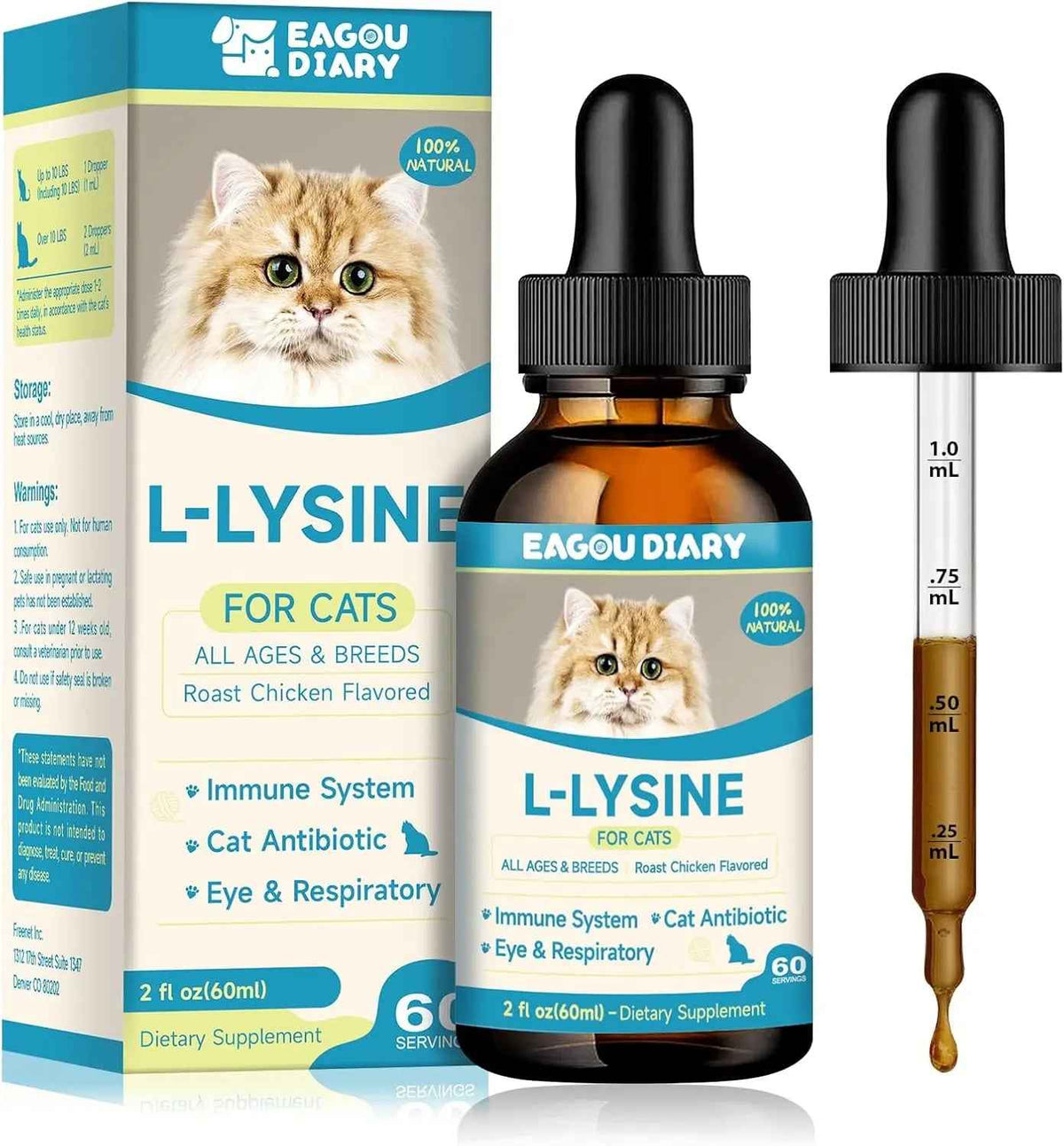 L-lysine liquid drops for cats with chicken flavor, dropper bottle, and dosing pipette