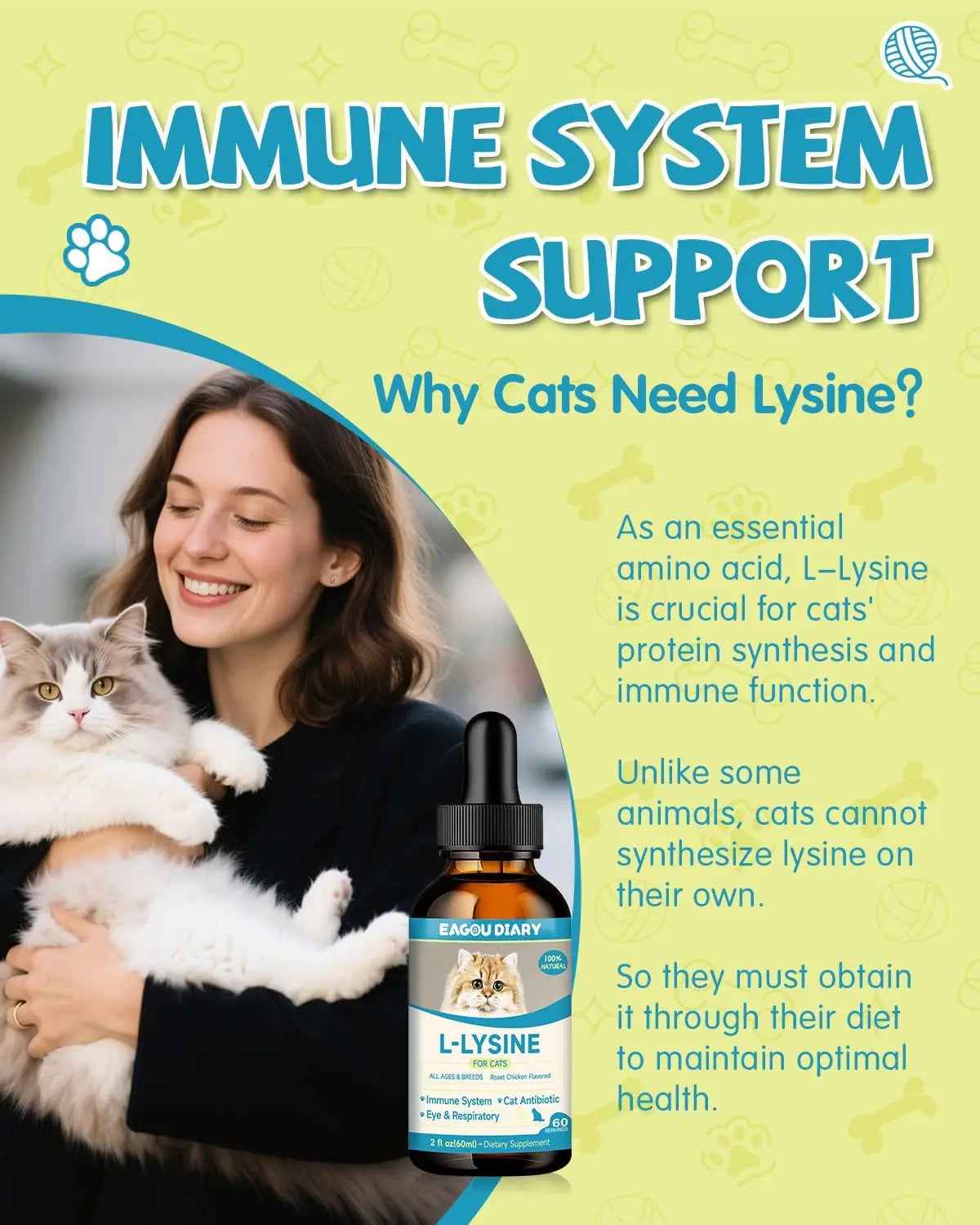 L-lysine liquid drops for cats shown beside a bottle in an immune support graphic