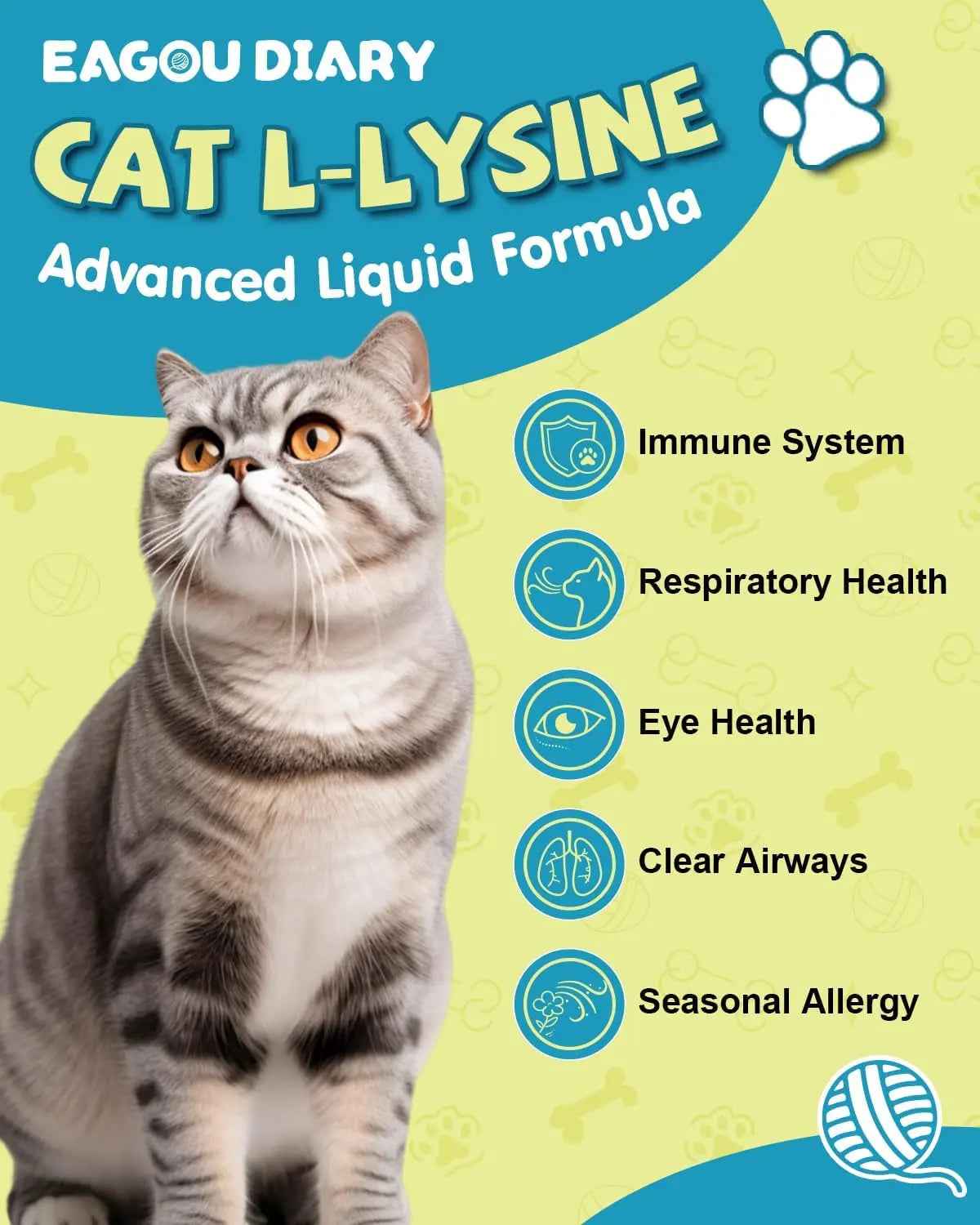 Cat L-lysine liquid supplement graphic listing immune, respiratory, and eye health benefits