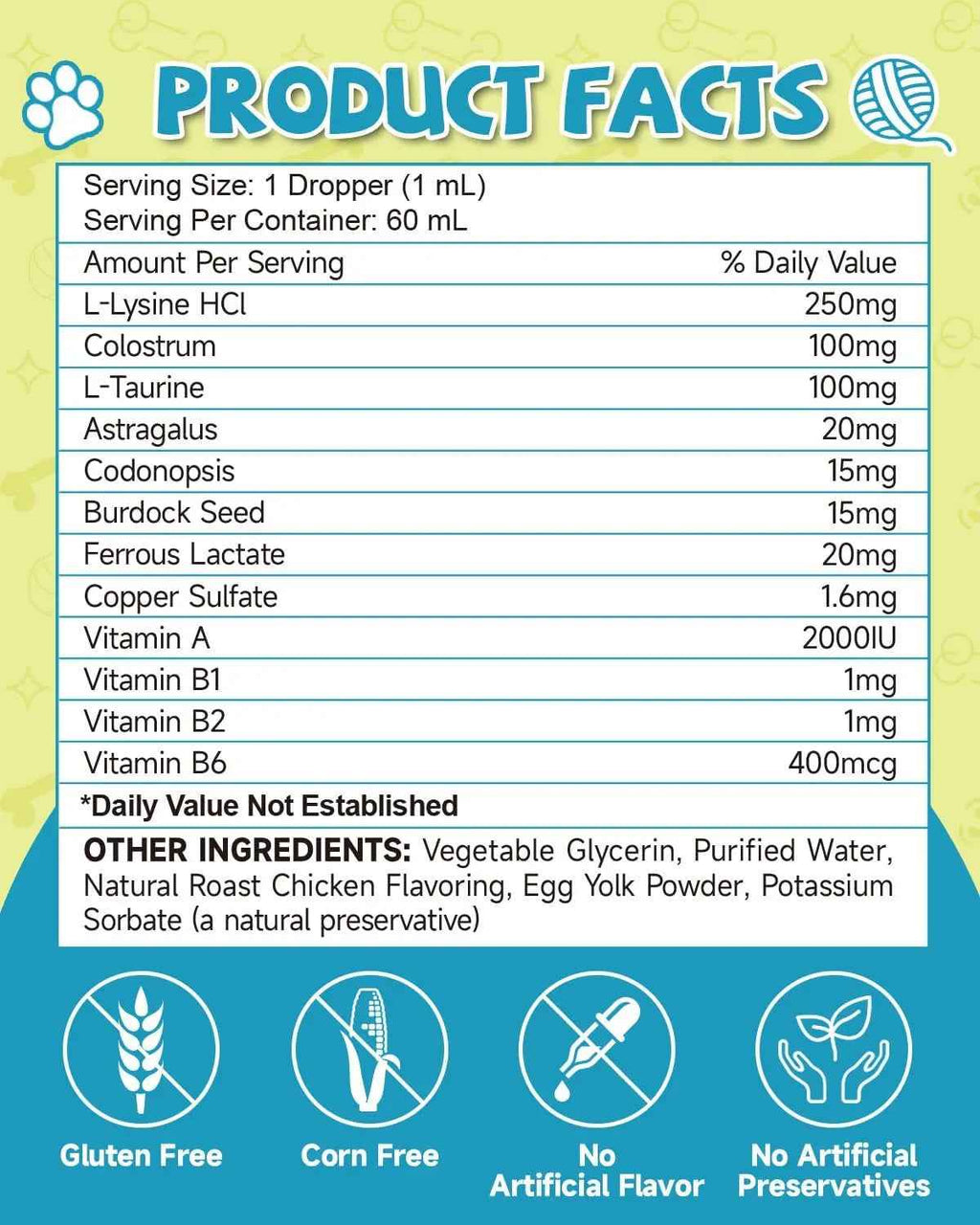 L-lysine liquid drops for cats supplement facts and ingredient list