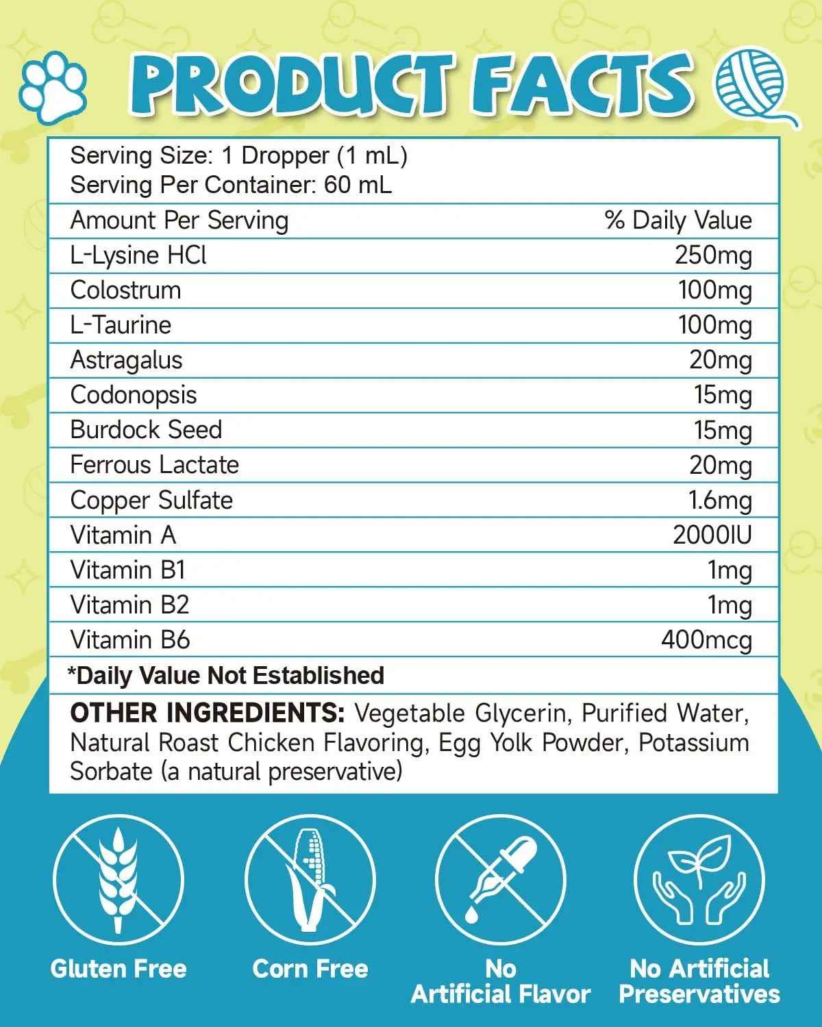 L-lysine liquid drops for cats supplement facts and ingredient list