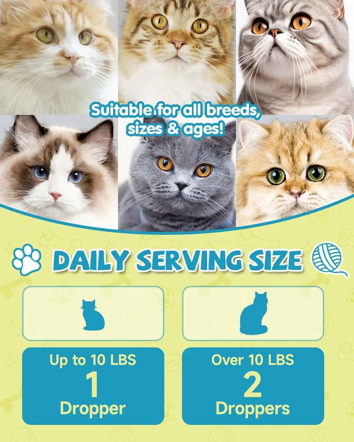 Cat supplement serving guide showing dropper amounts for different cat weights