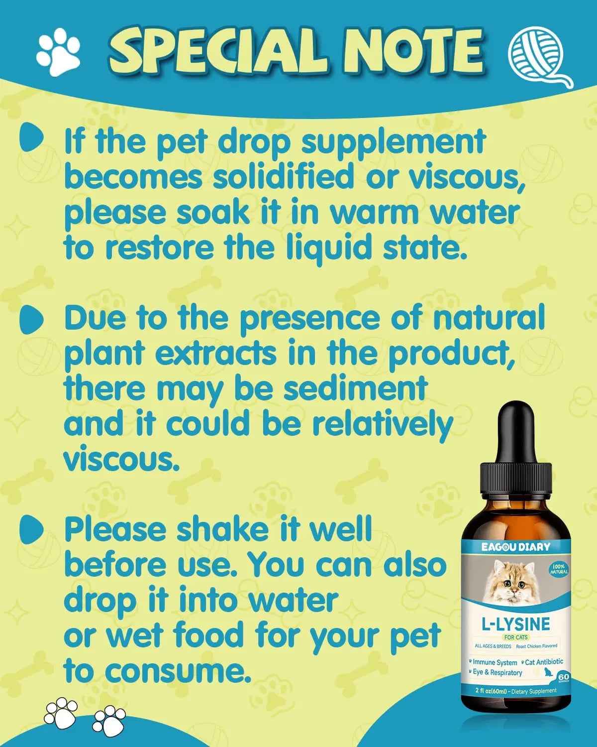 L-lysine liquid drops for cats bottle beside product use and storage instructions