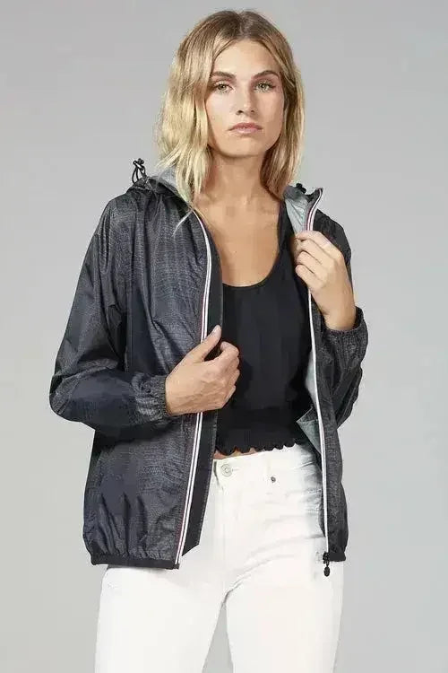 Women’s dark crocodile-texture rain jacket with hood, full-zip, and drawcord hem