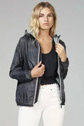 Women’s dark crocodile-texture rain jacket with hood, full-zip, and drawcord hem