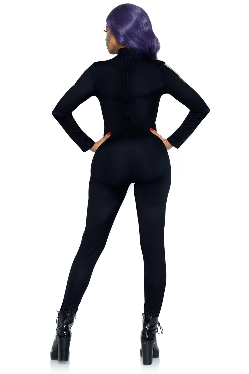 Black full-body catsuit, back view, with colorful floral sleeve accents
