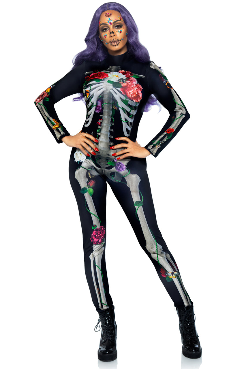 Black full-body catsuit with multicolor floral skeleton front and long sleeves