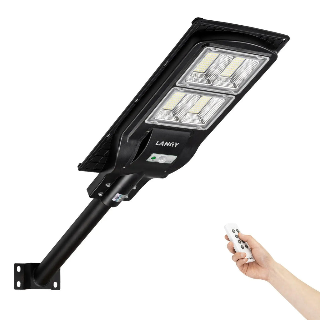 Solar street LED light head with mounting bracket and handheld remote