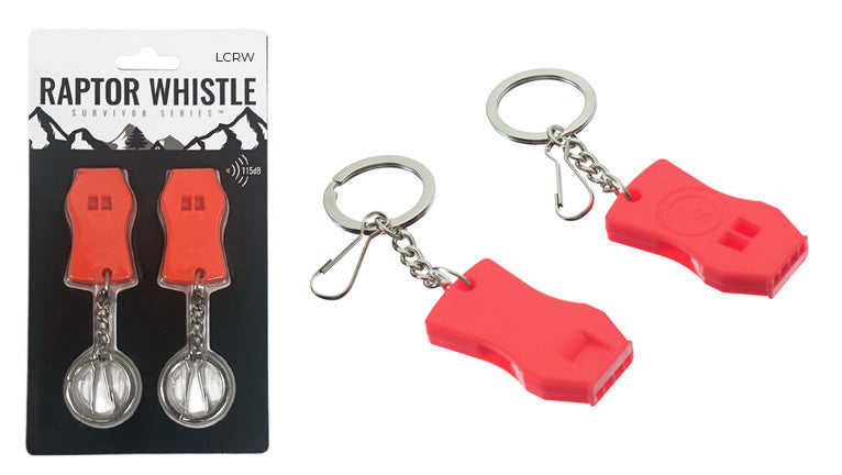Raptor whistle keychain set with two red whistles, chains, and split rings