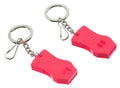 Red plastic raptor whistle keychain with metal split ring and chain