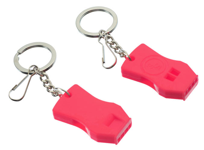 Red plastic raptor whistle keychain with metal split ring and chain