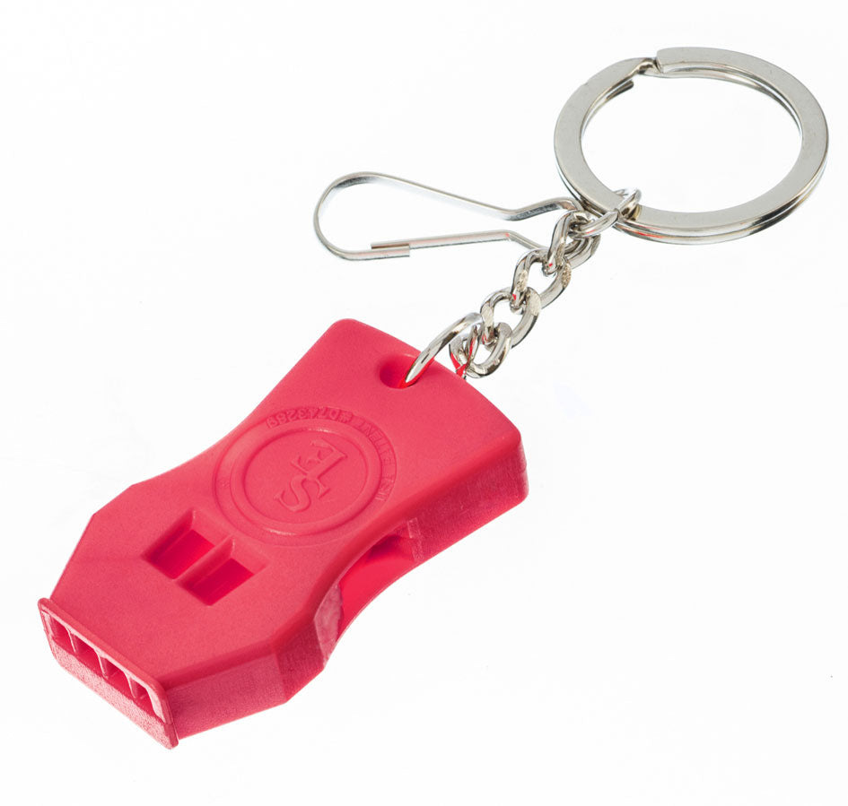 Red plastic whistle keychain with metal ring and dangling chain