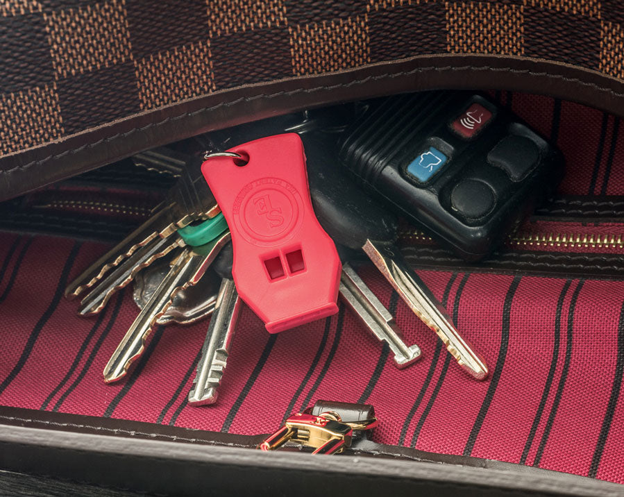 Red raptor whistle keychain on striped zipper pouch with metal keys