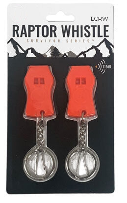 Raptor whistle keychain blister pack showing two red whistles with metal ends