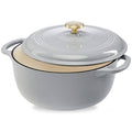 Light grey enamel cast-iron Dutch oven with lid, gold knob, and two side handles