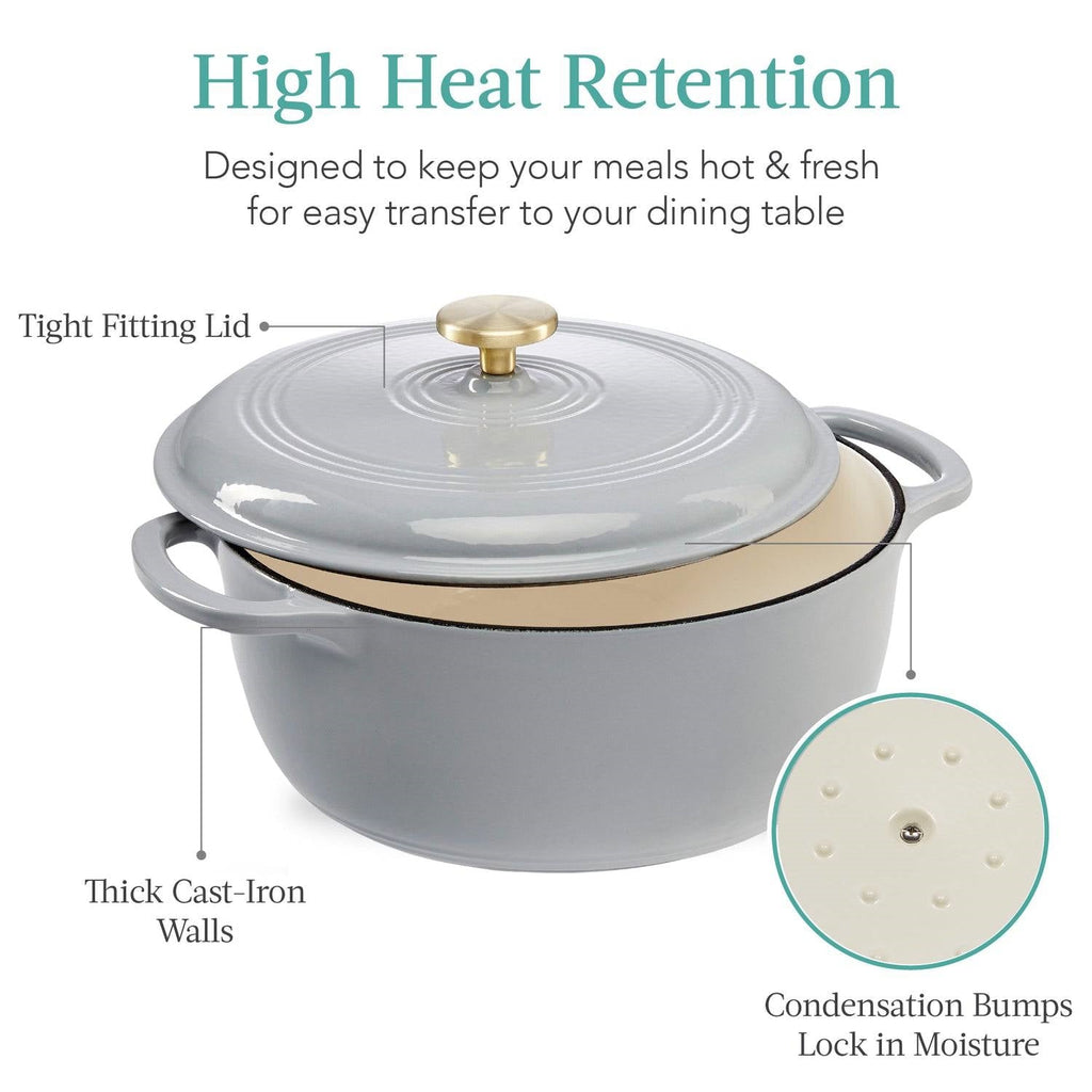Light grey enamel Dutch oven with glossy domed lid, gold knob, and curved side handles